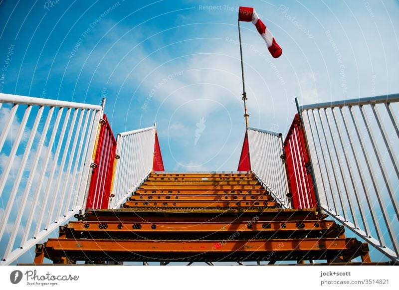 Stairs to heaven on a windless day rail Skyward Upward Shadow Windsock Level Platform Clouds wind force Wind direction Air speed meter Beautiful weather