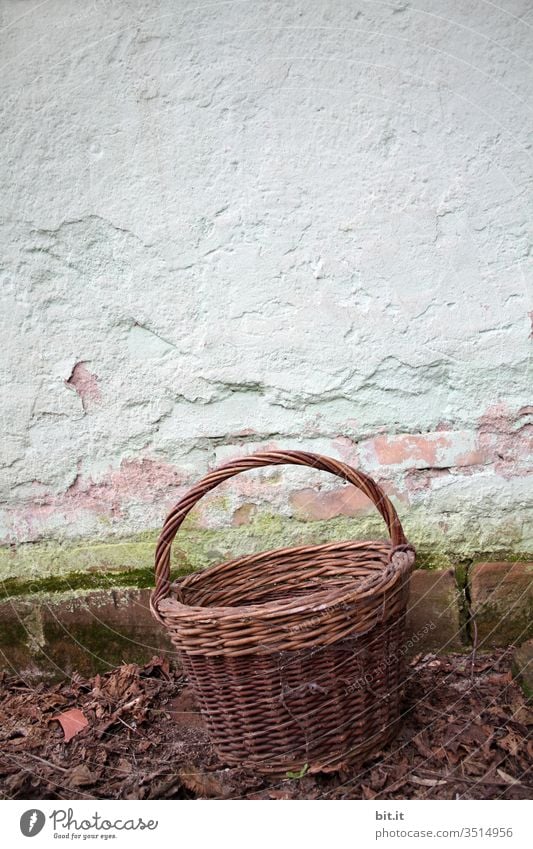 Old basket, in front of old wall Basket Containers and vessels Garden Wall (building) Retro Nostalgia Autumn Autumnal Harvest Empty Brown