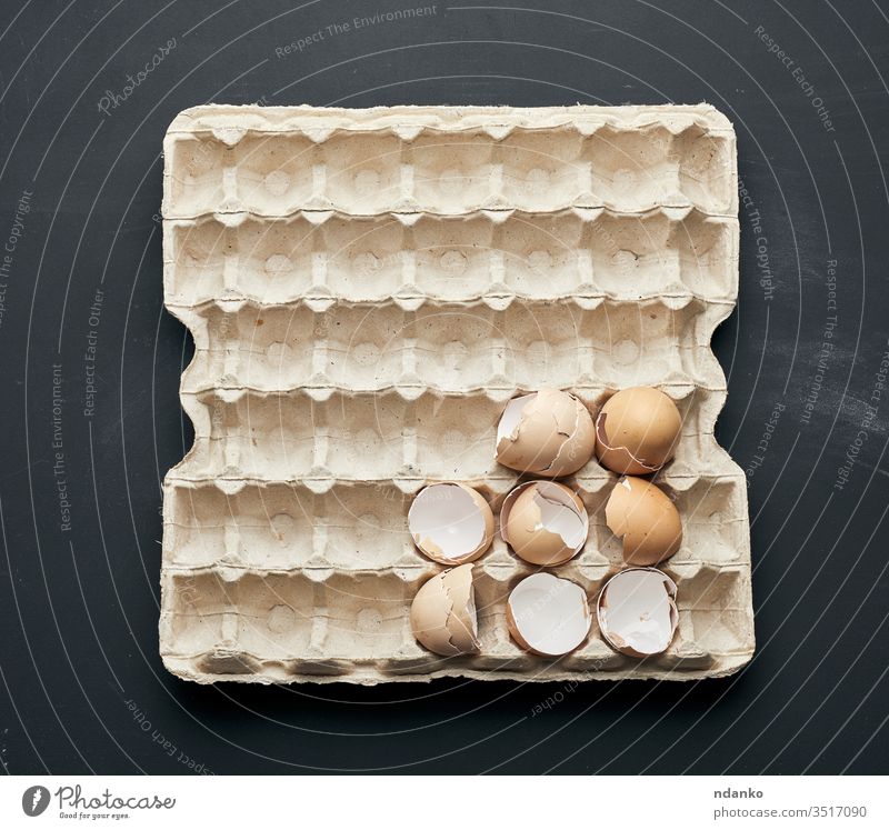 eggshell in a paper tray on a black wooden table farm feather food fragility broken background bird board breakfast brown chicken closeup cooking cuisine easter