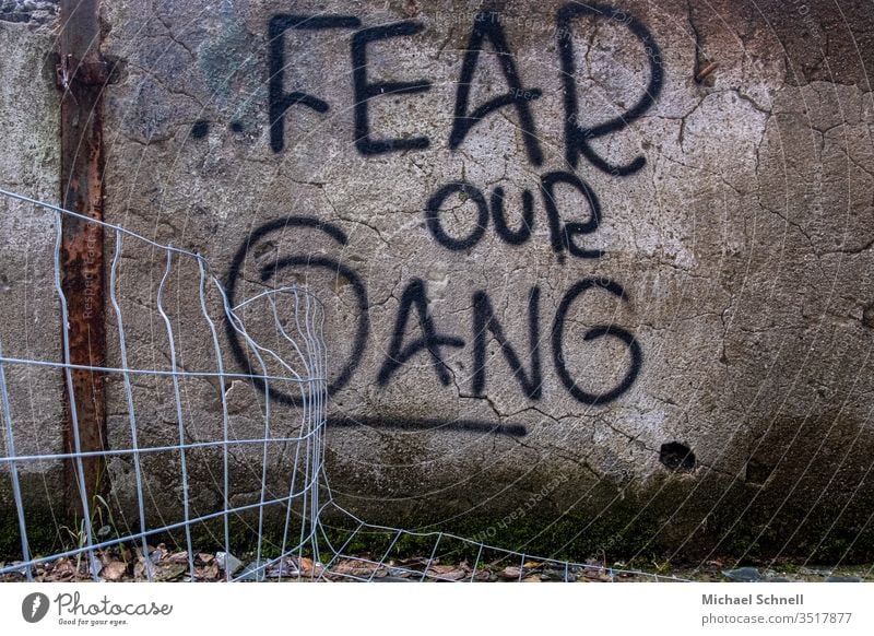 Graffiti: writing with threat of a gang (gang) lettering Characters Wall (building) Exterior shot Facade Wall (barrier) Deserted Fear frighten Corridor volumes