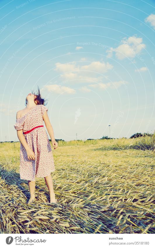 girl stands on a cornfield in the summer and throws her head cocky back ... Child Summer straw field Grain field Summer dress Free Joy Crazy Freedom Playing Sky