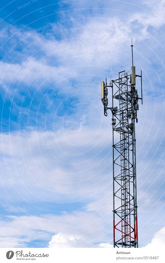 Closeup Of Microwave Dish On High Antenna Tower And Blue Sky