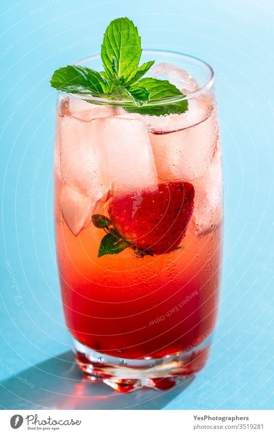 Strawberry drink. One glass of strawberry lemonade. Summer cocktail beverage blue bright cold drink colorful delicious detox diet fluids fresh freshness frost