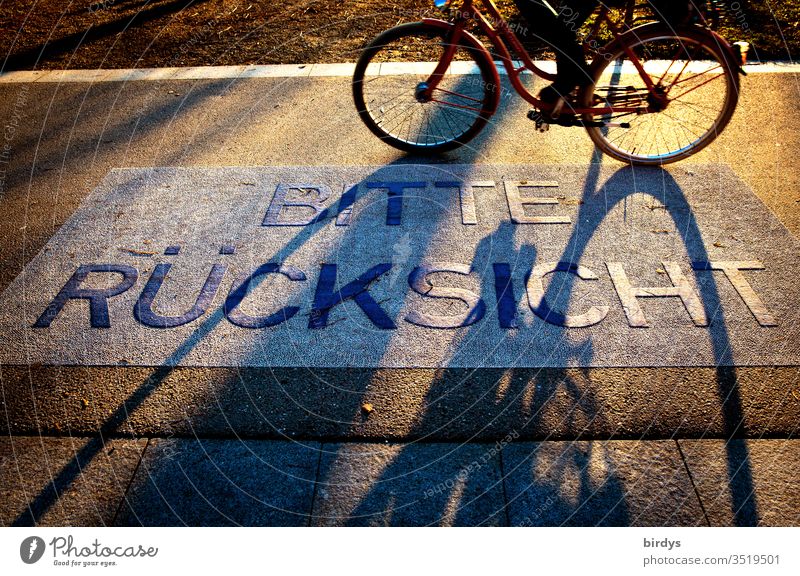 Please be considerate. Writing on a sidewalk, bicycle lane. Call for mutual consideration please Characters and letters Inscription Lanes & trails off