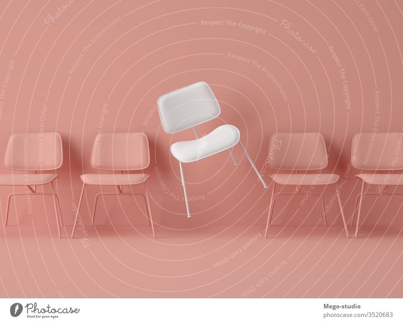 3D Illustration. Row of chairs with one with different colour. business job opportunity 3d object vacant candidate meeting employee individual innovation team