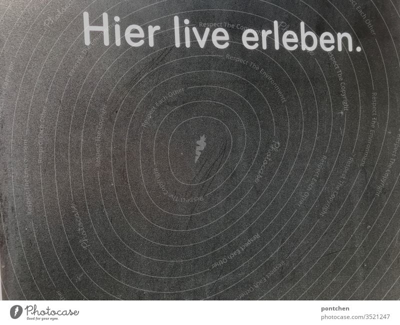 Advertisement inscription "hier live erleben" on grey background board. Announcement Blackboard announcement words Event Text Live Sports Roadhouse Gray White