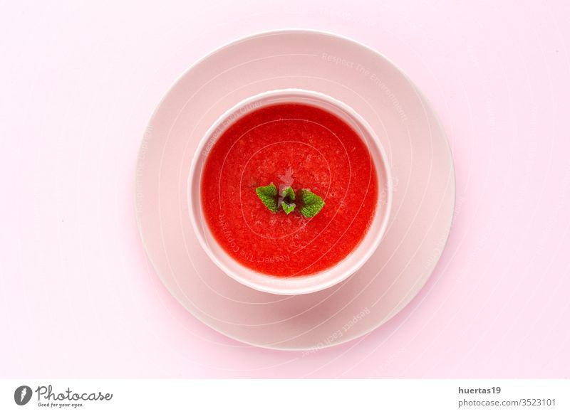 Fresh watermelon mint juice on pink background from above fruit soup summer fresh drink diet refreshment food healthy sweet cold green juicy beverage ripe