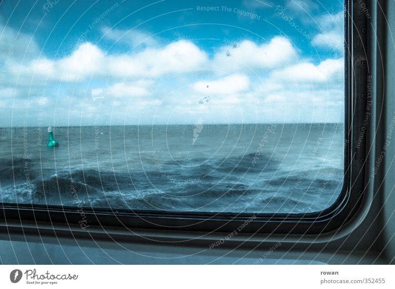 cruise Transport Navigation Inland navigation Passenger ship Ferry Blue Window Vantage point View from a window Ocean Waves Water Sky Clouds Wet Buoy Horizon