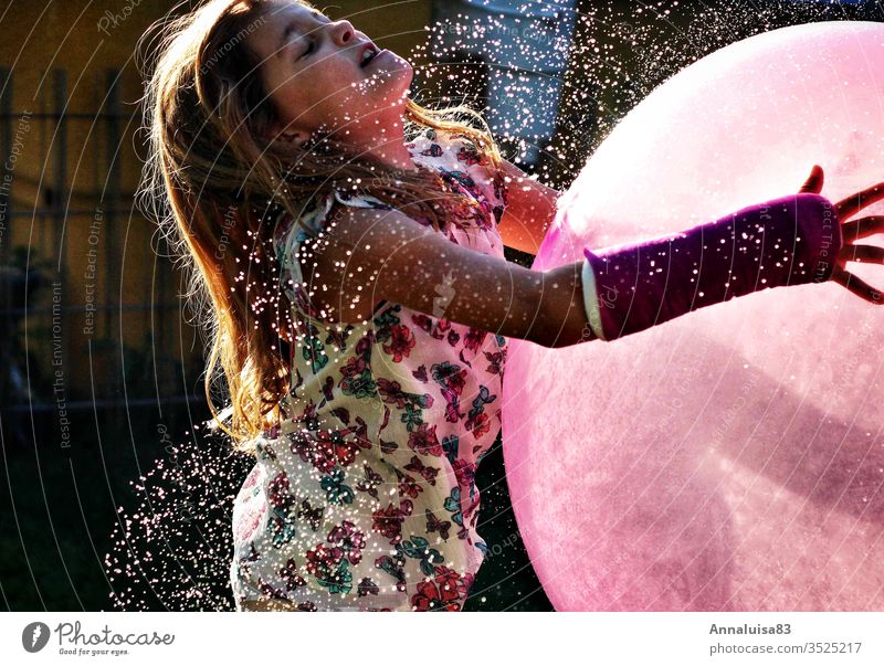 Captured the Moon Part II. Sun Sunlight Summer Summer vacation Water Inject Drops of water fun Joy girl Ball Balloon Catch arm Broken Gypsum Pink