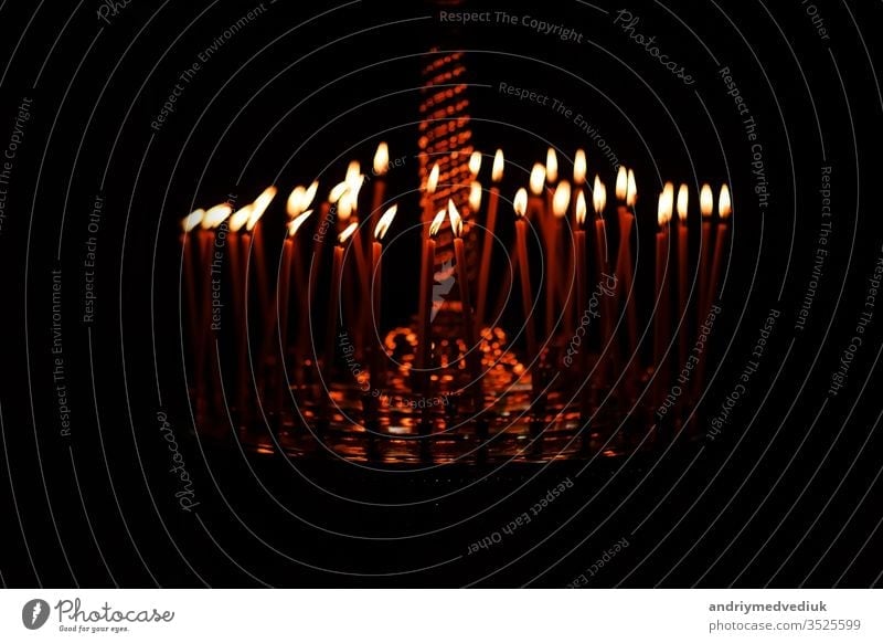 Many candles burning at night on the black background in church. Candle flame set isolated in black background. Group of burning candles in dark candlelight wax
