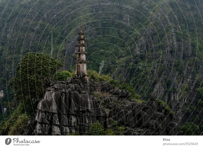 Architecture and nature | Tower on limestone rocks in the landscape of Ninh Binh in Vietnam Limestone rocks green Landscape Old Asia Tall Nature