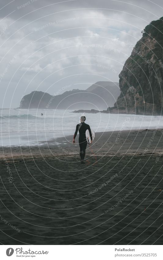 #AS# Piha Surfing Surfer Surfboard Surf school Copy Space right Exterior shot Long shot Central perspective Shallow depth of field Day Contrast Light