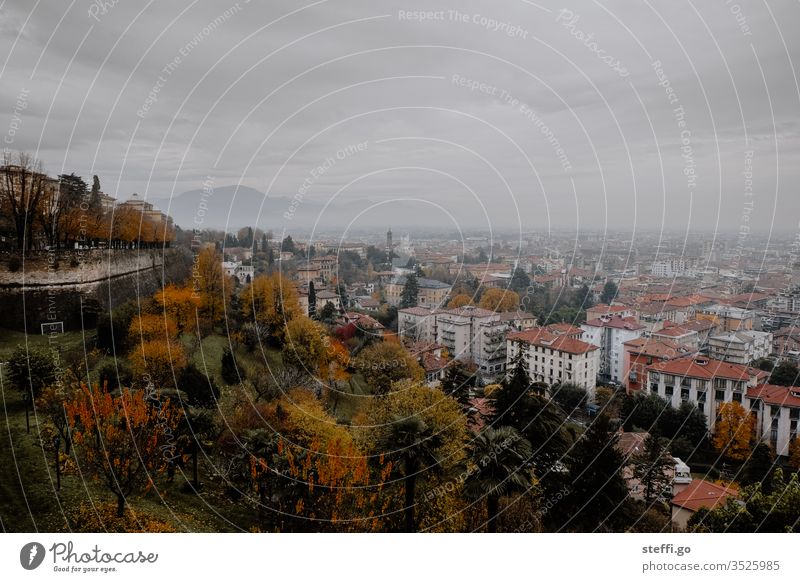 Panorama over Bergamo, Italy Skyline Bad weather panorama cityscape City life Panorama (View) Urban building Mountain mountain panorama Church Copy Space top