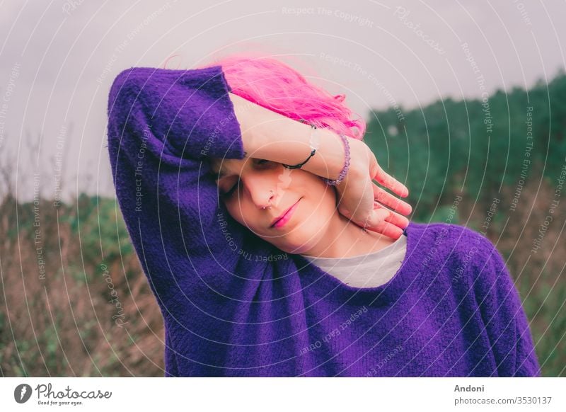 Woman With Pink Hair In The Woods hippie relax hair chic girl happiness provence floral outdoor field earrings woman bohemian model french morning lavender
