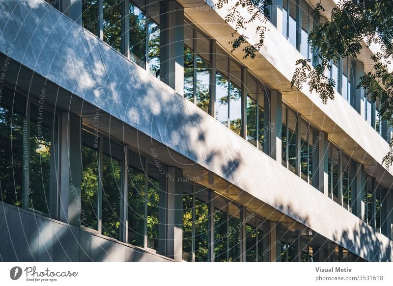 Facade of an 80's office building under the noon light facade color outdoor outdoors exterior sunlight architecture architectural architectonic reflection