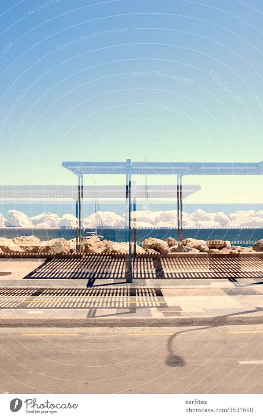 Double exposure is better II Majorca Palma de Majorca Beach Mediterranean sea Bus stop Vacation & Travel Spain Summer Sun Warmth Construction Shadow Street