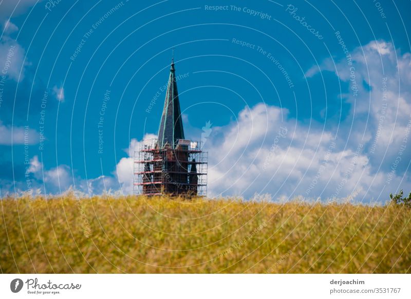 " My destination " Cornfield with church tower.  Behind a field. The church tower has a scaffolding at the bottom. Blue sky and clouds. Field Sky Clouds Sun