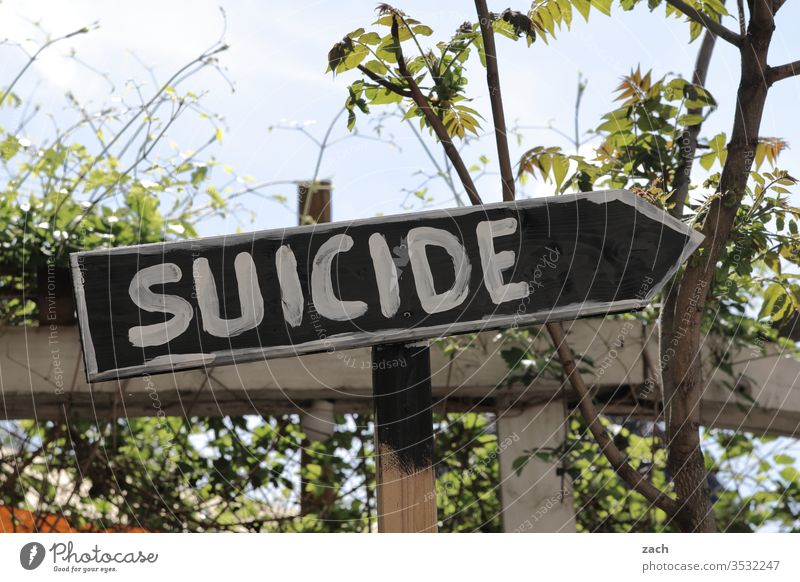 Signpost with the inscription Suicide Suicidal tendancy Suicide victim suicidal suicide Signs and labeling sign Signage Park Berlin Direction Trend-setting