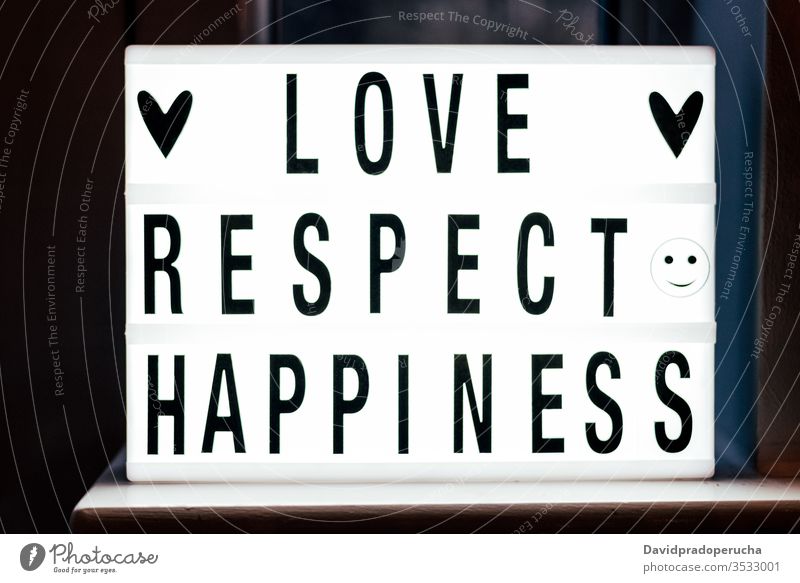 Lighted white signboard with warm text inscription light box decoration kind love respect happiness wish concept design symbol heart letter word romantic