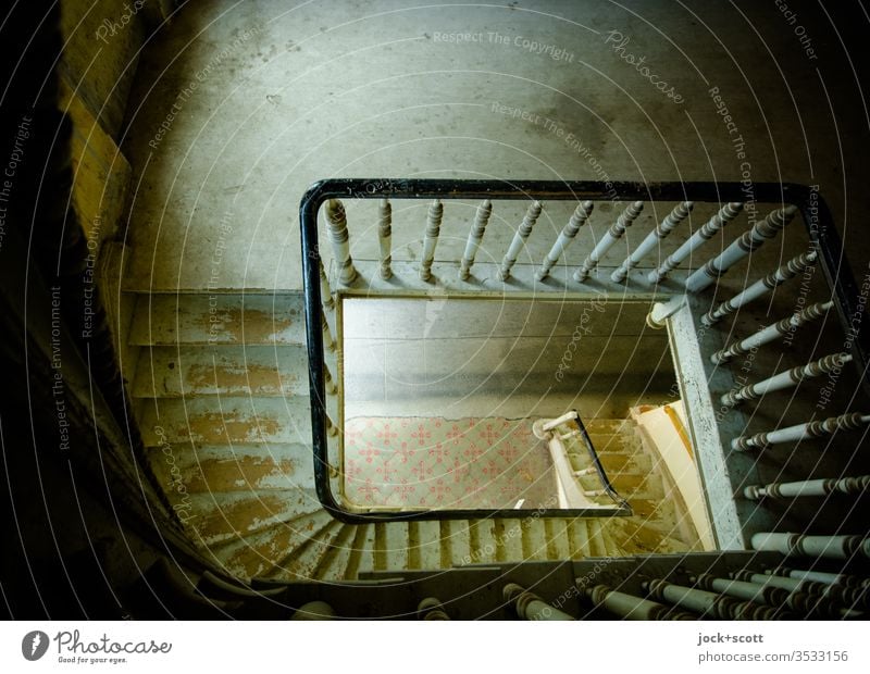 take the stairs for a top-down view Wide angle Height difference Shadow Ravages of time Shaft of light Arts and crafts Past Nostalgia Historic Story