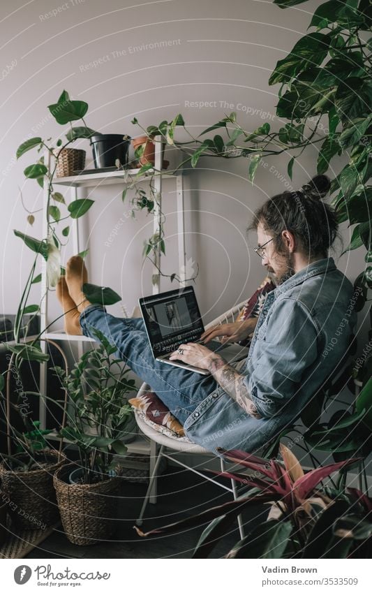 Young man with beard sitting on the chair and using laptop. Freelance work from home in quarantine concept apartment attractive browsing plants chatting