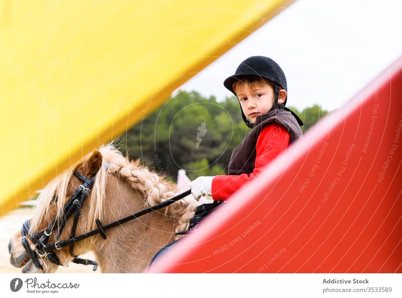 Download Boy Riding Pony Behind Barrier A Royalty Free Stock Photo From Photocase