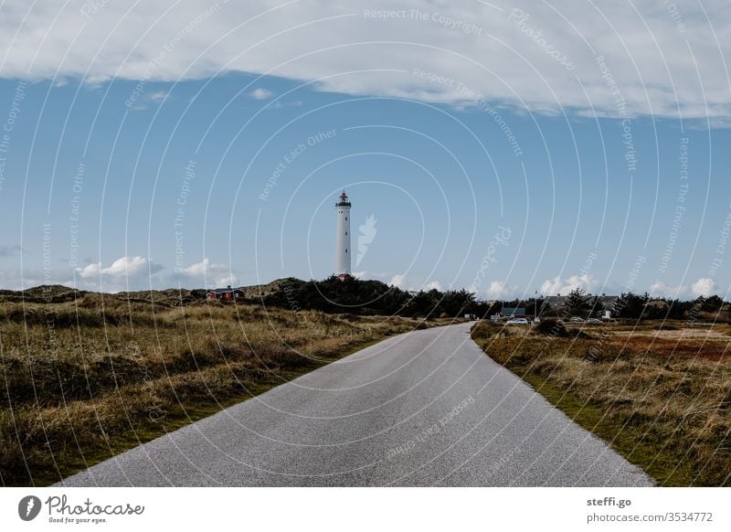 Road to a lighthouse in the dunes of Hvide Sande Denmark Scandinavia Scandinavian Hvide Sands Lyngvig Fyr Lighthouse Vantage point Street Exterior shot