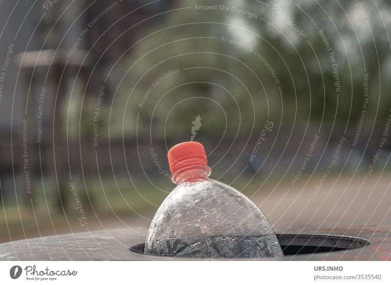 an empty PET bottle with an orange screw cap is disposed of in the waste basket Polyethylene terephthalate pet Neck of a bottle Wastepaper basket Throw away