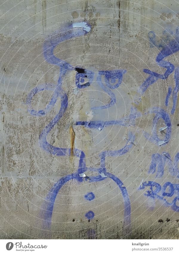 Washed-out blue graffiti of a serious looking woman on a grey concrete wall Graffiti Woman Art Adults Wall (building) Exterior shot Wall (barrier) Colour photo