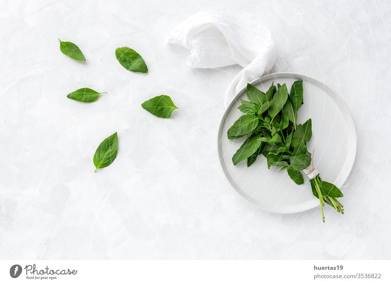 Assortment of fresh aromatic herbs from above on white background food organic green ingredient mint oregano parsley chive rosemary basil estragon leaf plant