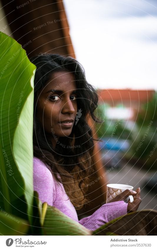 Young indian female with cup of hot beverage on terrace woman thoughtful balcony coffee morning rest warm unemotional smile drink beautiful relax pensive fresh