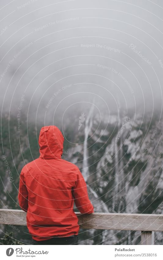 #As# Bleak outlook Fog Clouds Bad weather Hiking hike Cloud cover overcast Waterfall New Zealand New Zealand Landscape Red red jacket Eye-catcher Rain jacket