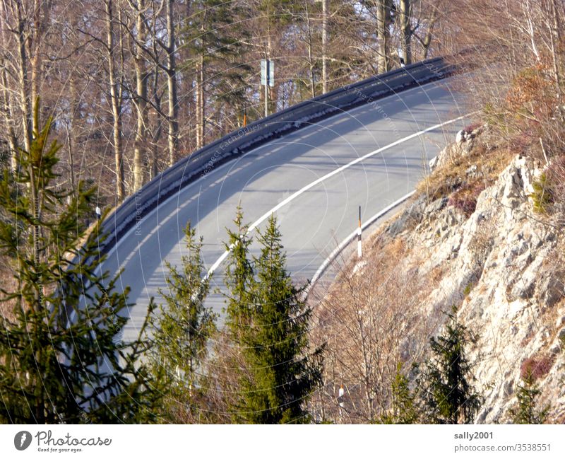 clear the way... Street mountain road Curve Traffic lane Asphalt Road marking Alps pass road Winter Forest huts Traffic route Transport paths and paths Free