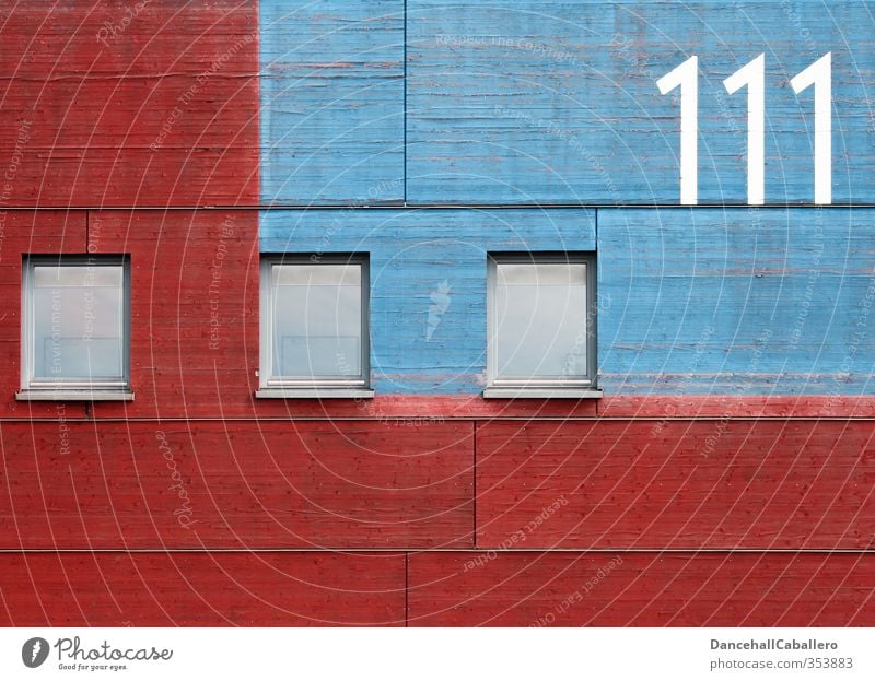 graphic l [] [] [] 111 Building Architecture Wall (barrier) Wall (building) Facade Window Wood Glass Digits and numbers Esthetic Sharp-edged Blue Red Symmetry