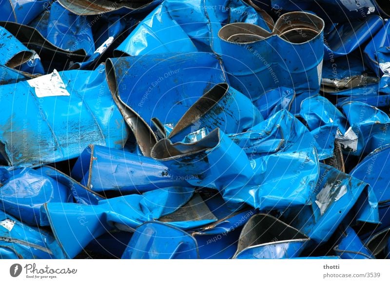 Drums without bottom Keg Scrap metal Trash Industry Blue Old Metal utilization