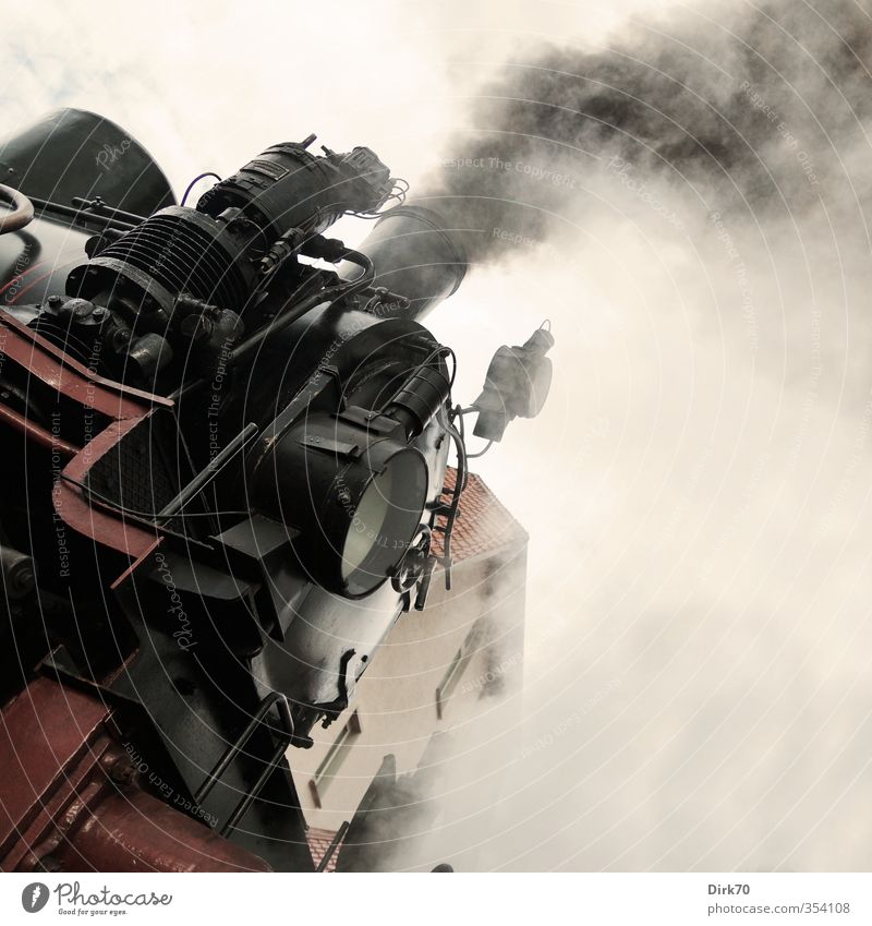 steam power Vehicle Rail transport Train travel Railroad Engines Steamlocomotive Passenger train Metal Driving Smoking Authentic Threat Dark Historic Strong
