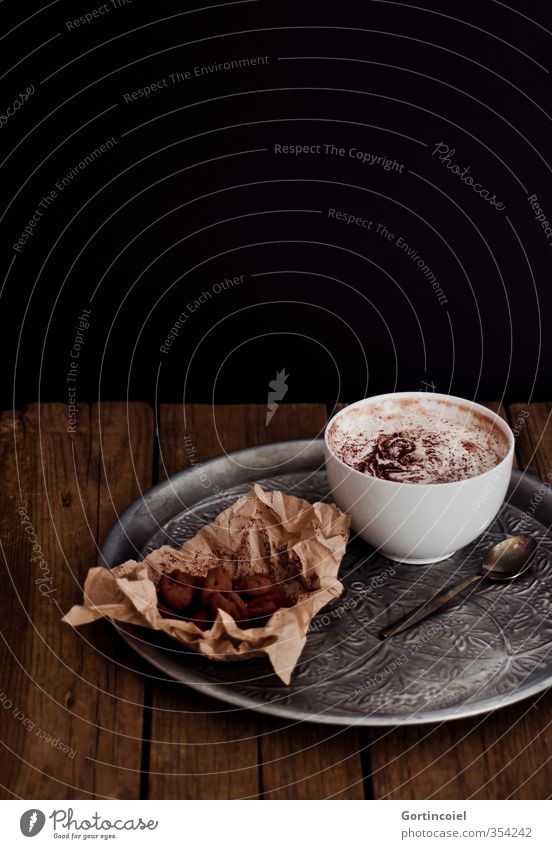 Chocolate Food Candy Nutrition To have a coffee Beverage Hot drink Hot Chocolate Bowl Delicious Sweet Brown Black Chocolate brown Tray Wooden table