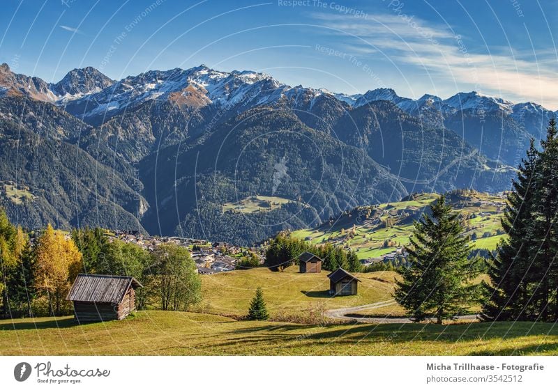 Alpine landscape Austria Alps alpine landscape Serfauss Fiss Ladis mountains valleys Huts meadows fields huts Landscape Nature Sky Clouds Sun sunshine ways