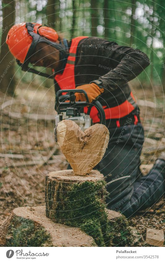 #S# Woodsman with a heart Lumberjack wood Firewood Chainsaw Protective equipment Helmet Meter beeches Wood work Nature tree Woodcutter Forestry Tree trunk