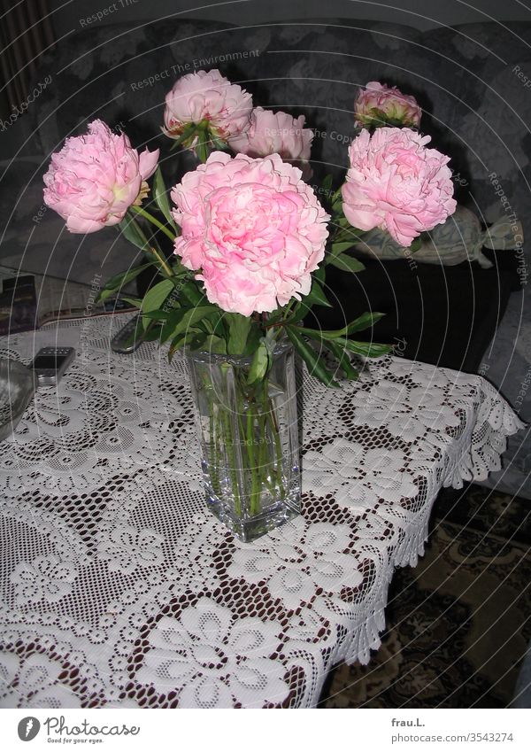 He had put a vase of peonies on the coffee table for her. Bouquet flowers Plant bleed Living room lace ceiling Table Sofa