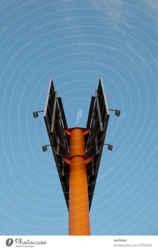 Christmas angel Cloudless sky Stand Flagpole Pylon Advertising Billboard Floodlight Orange Blue Worm's-eye view Christmas Angel Abstract Colour photo