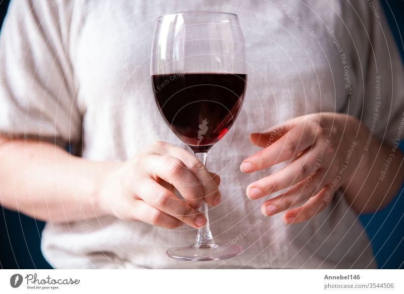 Portrait of a young woman with a glass of red wine in her hand against blue wall, background family business fashion party love food person girl rose couple