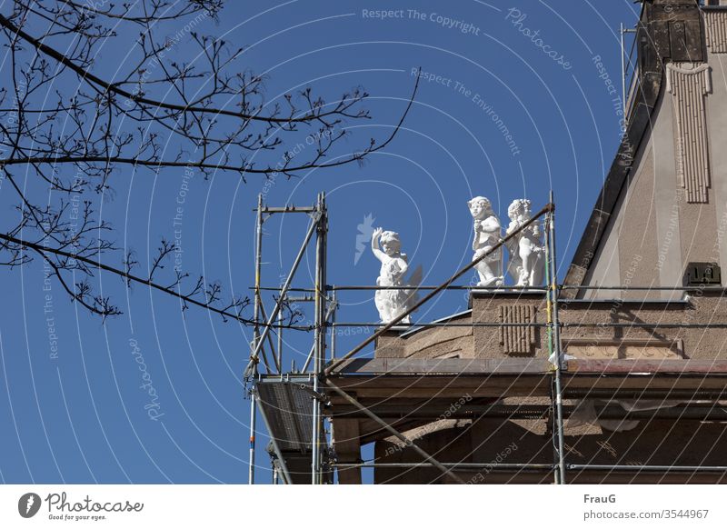 waving angel | art on building Building House (Residential Structure) Facade Scaffolding Redevelop Construction site Figures three Angel Grand piano Wave Devil