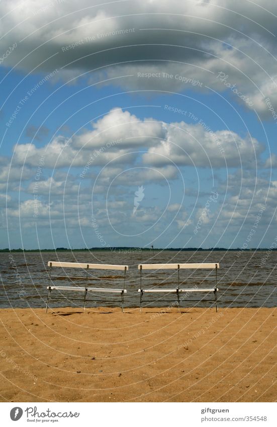 two-seater Environment Nature Landscape Elements Sand Water Sky Clouds Storm clouds Beautiful weather Waves Coast Beach North Sea Ocean Sit Break Seating Bench