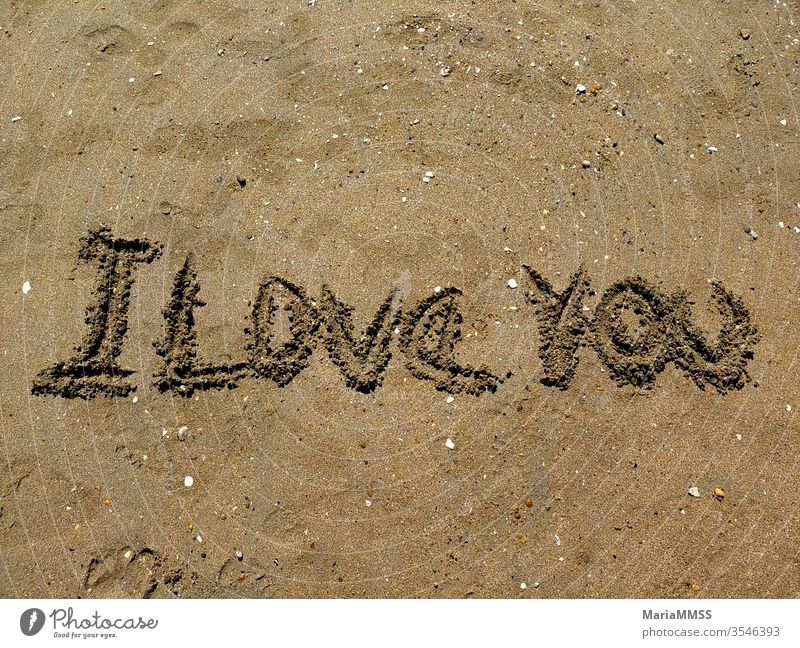 I love you written in the sand on a sunny day Sand Beach Beach dune Ocean Vacation & Travel Relaxation Coast Summer Sky Sun Nature Sunlight Copy Space top