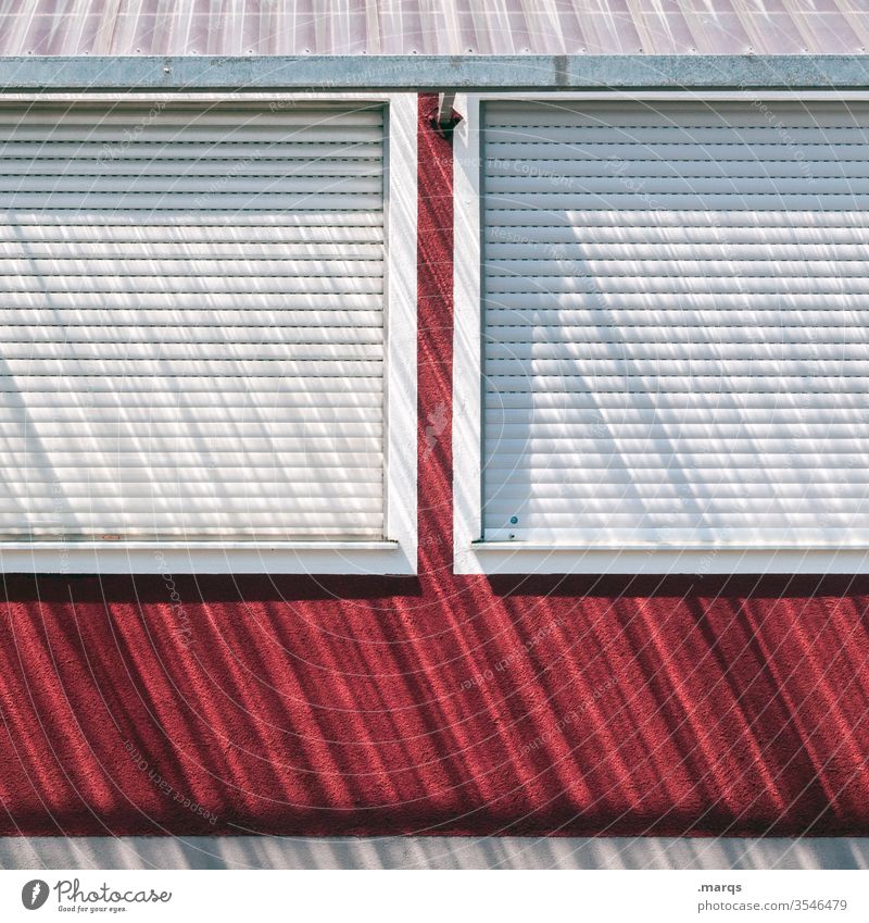 Don't lock me down lockdown Facade Roller shutter Closed Shadow Window House (Residential Structure) Venetian blinds Roller blind Red White Stripe