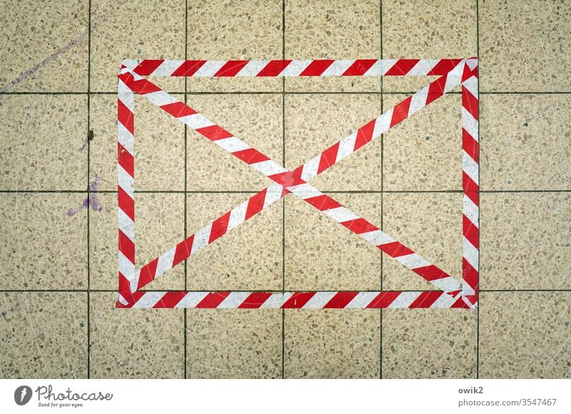 taboo zone floor Adhesive tape tiles Stone Structures and shapes Striped Reddish white quad Crossed Colour photo White Interior shot Copy Space bottom Pattern
