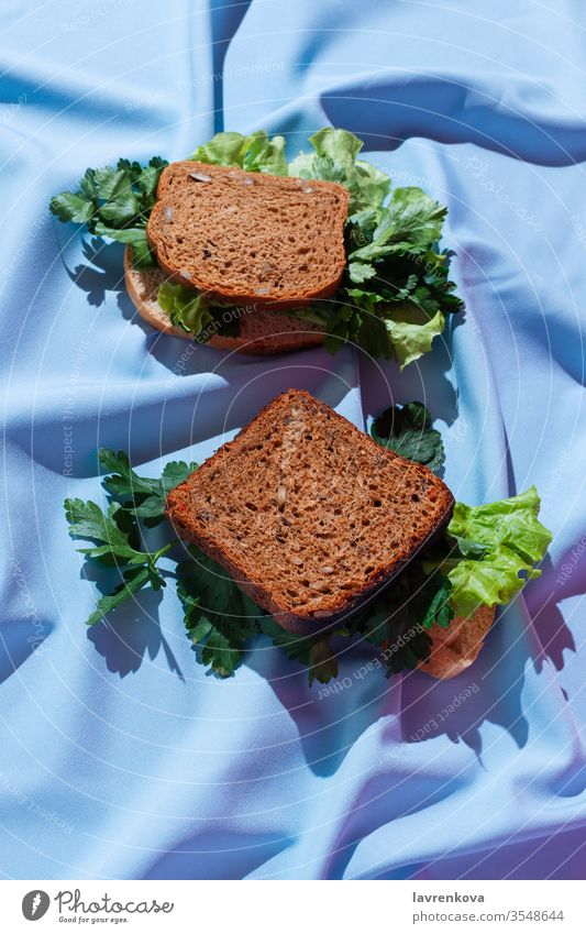 Pieces of rye bread with various greens on a drapery, concept of healthy sandwich, selective focus bright carbs delicious diet dish food fresh herbs ingredient