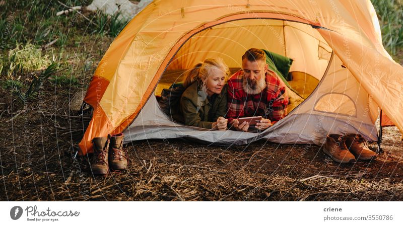 Caucasian elderly couple browsing on phone while laying in bedroll in tent smartphone technology smile connected forest internet online happy enjoying active