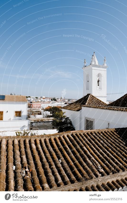 View over Tavira, Portugal tavira Algarve Vantage point outlook Church spire Colour photo Vacation & Travel Exterior shot Panorama (View) Copy Space top